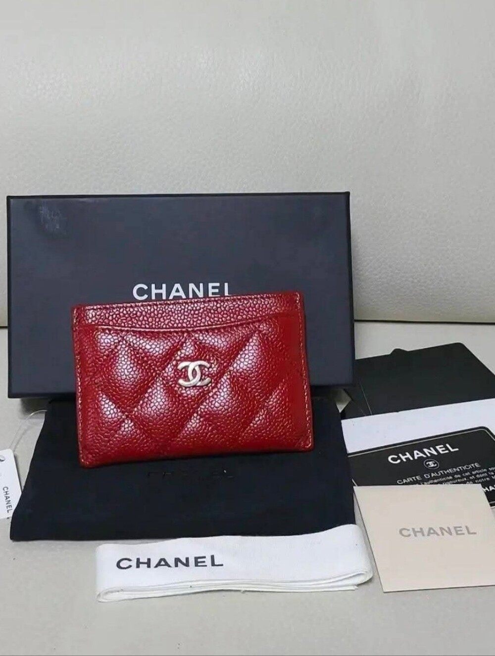 CHANEL Red Quilted Caviar Leather Card Case with Silver CC